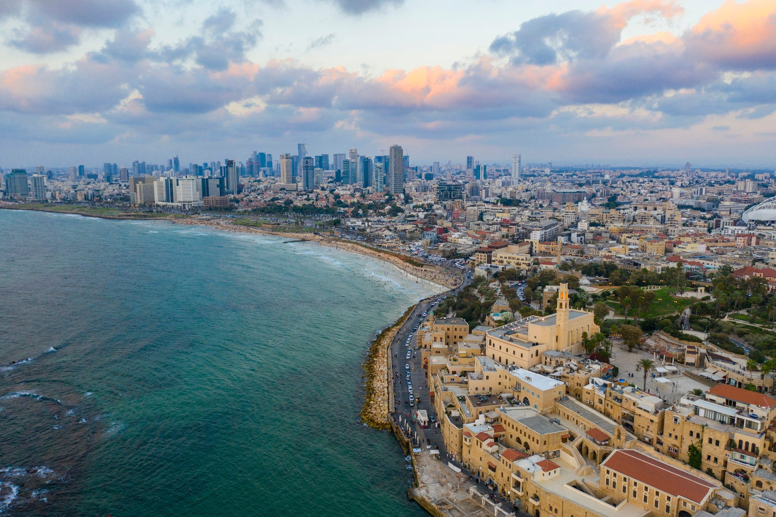 Aerial view of the Jaffa coastline with the Tel Aviv skyline behind it
